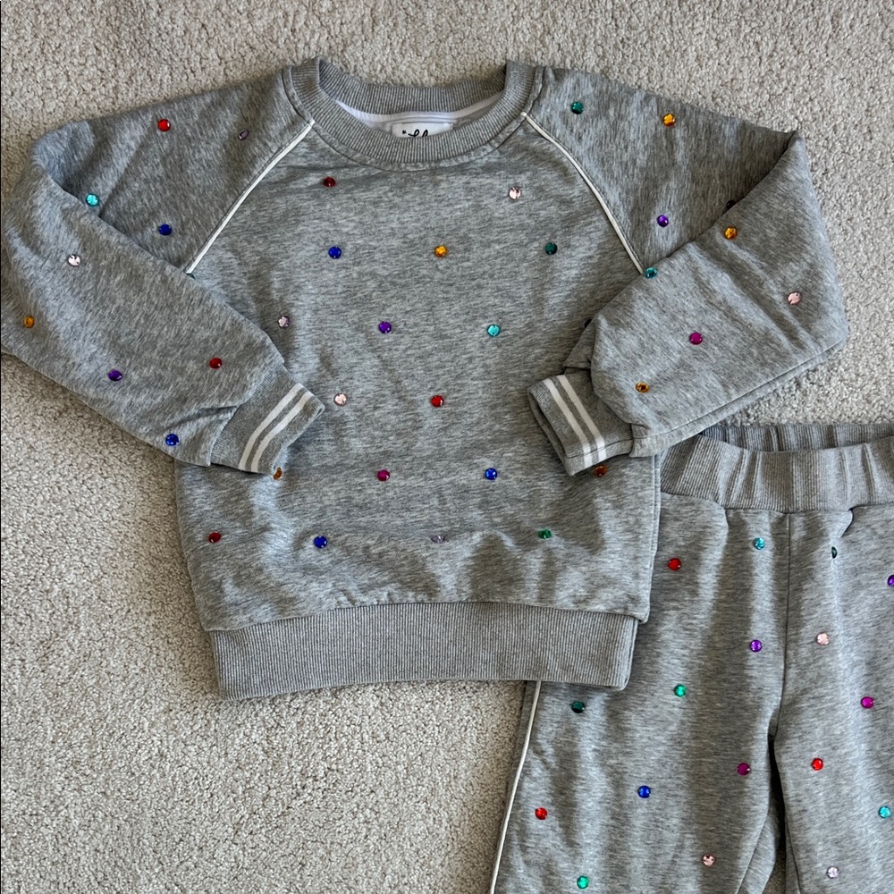 Lola & the Boys Grey Bejeweled Sweat Set - Gray with Multicolor Gems - size 6